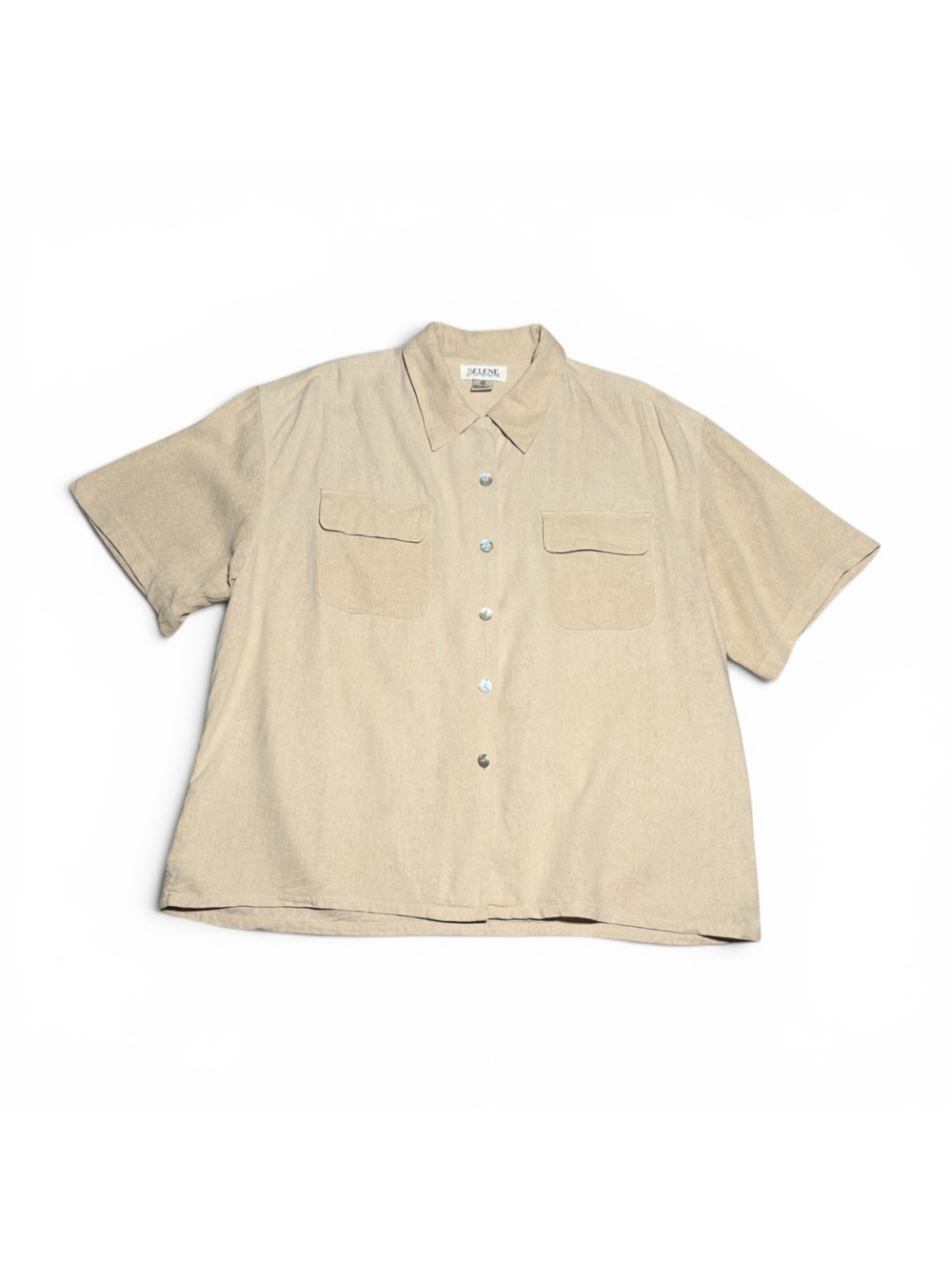 Vintage Selene Sport Beige 100% Silk Short Sleeve Button-Up Shirt XL